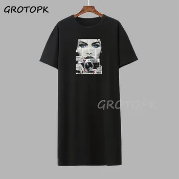 Estética Palabras de la Impresión de la Cara de Negro T-camisa de Vestir para las Mujeres de la Alta Moda de Verano de Algodón Blanco T-camisa de Vestir de Harajuku Gráfico Vestido