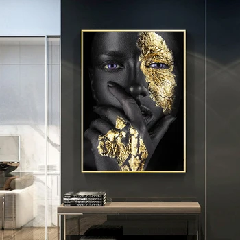 Rostro de oro de la Mano de África Negra Mujer la Meditación Pintura al Óleo sobre Lienzo Cartel y Estampados de Cuadros de la Pared del Arte de la Imagen para la Sala de estar