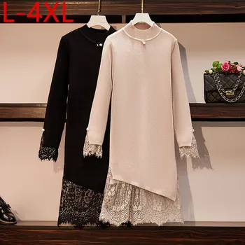 L-4XL Más el Tamaño de 2021 Otoño Invierno Elegante de las Mujeres de manga Larga de Encaje Patchwork de tejidos de Punto Negro Vestido de Mujer Vestidos de Suéter