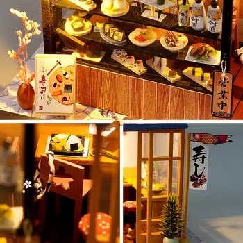 Nuevo DIY Sushi Postre Helado de la Tienda de Madera de casa de Muñecas en Miniatura de los Muebles Con LED Kits de Casas de Muñecas Ensamblar Juguetes para los Niños Regalo de la Casa