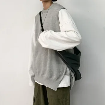 Otoño coreano Suéter Chaleco de los Hombres Calientes de Moda de Color Sólido Casual tejido Jersey de los Hombres Ropa Suelta Suéteres Chaleco de Mens M-2XL