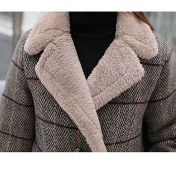 Cordero de piel acolchada de invierno de 2018 mujeres, suelta la mitad de la longitud collar de verificación abrigo de lana, de algodón-chaqueta acolchada