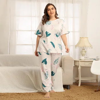 DOIB Más el Tamaño de Pijama Conjunto de las Mujeres de Gran Tamaño de Impresión en Blanco T-Shirt, Pantalones, ropa de hogar Conjunto de Dos Piezas Dormir Suelta de ropa de dormir
