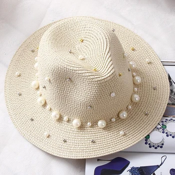 2019 Verano de las niñas Británicas perla abalorios planos de ala ancha del sombrero de paja Sombreado sombrero de sol de Señora playa de hat