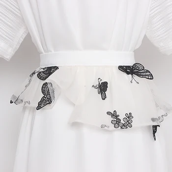 Nuevo Retro Bordado de mariposa de malla de las mujeres negro blanco Plisado con Cinturón Ancho de la Envoltura de la Pretina de la Falda Peplum en la Cintura de la Correa