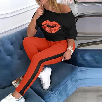 La mujer Ancla del Barco de Impresión de Conjuntos de Chándal Señora 2020 Verano Sexy Hombro 2pcs Conjunto de blusa+Elástico de la Cintura de los Pantalones Largos Conjuntos de