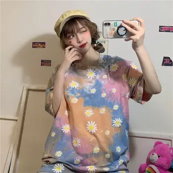 Daisy de impresión de las mujeres tops camisetas tie dye estilo coreano t-camisas de verano de manga corta de la moda camisetas preppy par de ropa camiseta