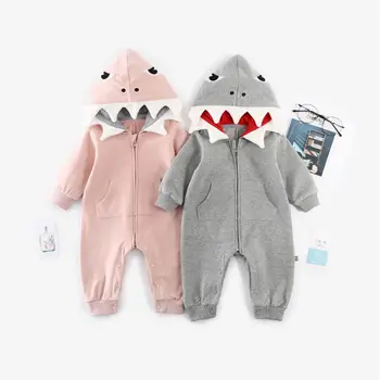 Lindo Bebé Niño Niña 3D Tiburón Mameluco Traje de Invierno con Capucha Pijama Traje de Ropa de Bebé