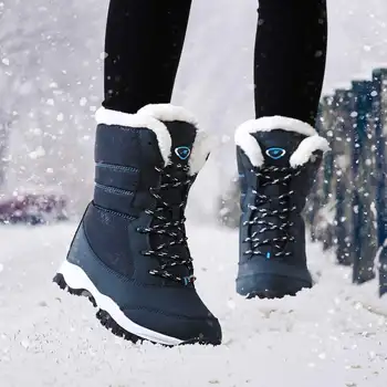 Impermeable de la felpa invierno botas zapatos de las mujeres de la plataforma de invierno zapatos de mujer botas de nieve zapatos de las señoras antideslizante cordones tobillo botas de las mujeres