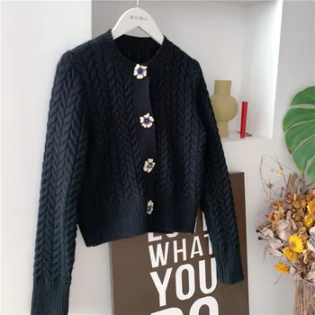 2020 otoño botón de flor de las mujeres chaquetas de invierno de corea flor suéteres señora de tejidos de punto chaquetas, tops