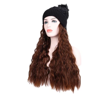 De las nuevas Mujeres de Sombrero largo y rizado peluca con el Invierno de Punto Grueso Sombrero Sintético Resistente al Calor Natural Falsos Pelucas de Pelo humano para las Mujeres