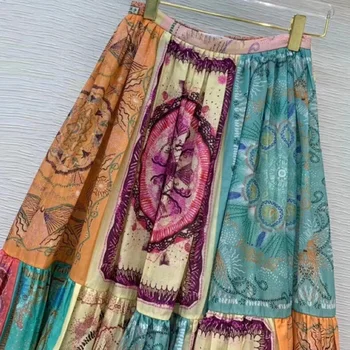 Algodón Faldas de las Mujeres de Primavera y Verano Nueva Retro Costuras de Color de Impresión de Alta Cintura de Todos-Partido de Gran Oscilación de la mitad de la Longitud de la Falda