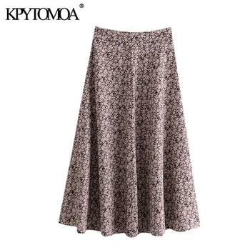 KPYTOMOA Mujeres 2021 Chic de la Moda de la Impresión Floral Falda Midi Vintage de Cintura Alta del Lado de la Cremallera de Mujeres en Faldas de Mujer