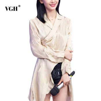 VGH Asimétrico Dobladillo de la Camisa De las Mujeres de Cuello de Solapa de Manga Larga Mosaico de Gran Tamaño Suelto coreano Blusa de Mujer Ropa de Moda de 2020