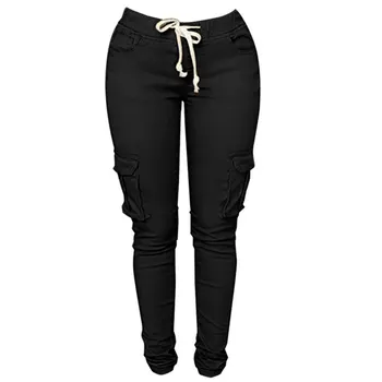 MONERFFI 2020 Primavera de Encaje de Cintura Casual Mujeres Sólido Pantalones Lápiz Pantalones Multi-Bolsillos Más el Tamaño de la Recta Slim Fit Pantalones