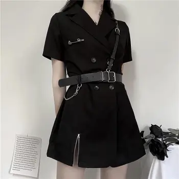 QWEEK Punk Blazer Vestido de las Mujeres 2021 Verano coreano de la Moda Streetwear Goth Gothic Harajuku Vestido Negro Gótico Punk Mini Vestido