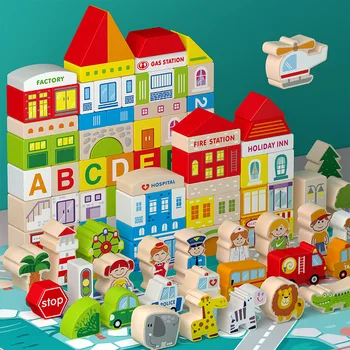 120 piezas de madera de la ciudad de bloques de construcción de la ciudad de los niños de la construcción de bloques de madera de los juguetes de los niños