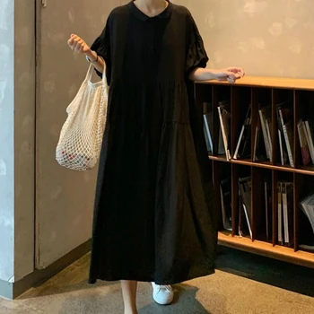 Vestido de las Mujeres de Cintura Alta de Manga Corta Plisada Dulce Elegante de Ocio para Mujer de Estilo coreano de Una línea de Todos-partido de Diario Streetwear Ulzzang