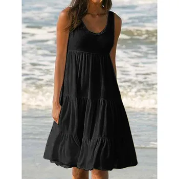 La moda de Verano vestido de gran tamaño vestido de verano suelto simple sin mangas vestido de las mujeres ropa de Color Sólido Vestido de Playa