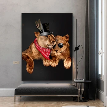 Resumen Sombrero Gafas de León Impresión de la Lona de Pinturas de Arte de la Pared Carteles de Animales el Hogar Decoración de Fotos para la Sala de estar Decoración de Cuadros