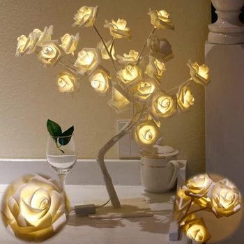 LED Blanco de Rosa Flor de la Mesilla de Dormitorio la Noche de la Mesa de Luz de la Lámpara de la Decoración del Hogar de Simulación de Árbol de Navidad de Fiesta de la Boda(Enchufe de la UE)