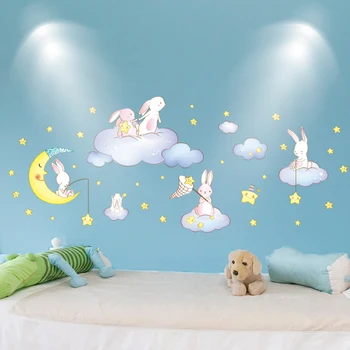 [shijuekongjian] Conejos Animales Pegatinas de Pared DIY de dibujos animados de Nubes, Estrellas, Luna de vinilos para la Habitación de los Niños Bebé Dormitorio Decoración