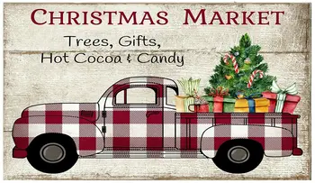 Mercado de navidad de Rojo a Cuadros Camión Árboles Regalos de chocolate Caliente Candysign Hogar de la Cocina de la Masía de Decoración Rural de Estaño Señal 8x12