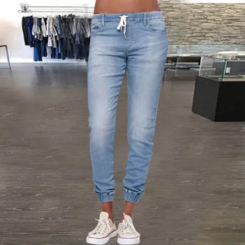 Las Mujeres Jeans Otoño Alta Cintura Con Cordón De Encaje Casual Suelto Tobillo Longitud De La Moda Femme Lápiz Pantalones De Talla Plus