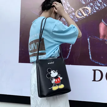Disney otoño de nuevo salvaje suave de la PU bolsa de balde bolso de las señoras de gran capacidad impreso de Mickey mouse bolsa de hombro