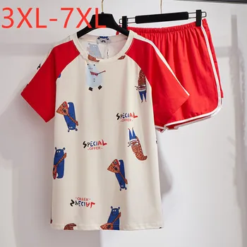 Nueva 2021 verano más el tamaño de la casa de desgaste establece para las mujeres grandes suelto casual de impresión T-shirt y pantalones cortos de pijama traje rojo 4XL 5XL 6XL 7XL