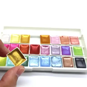 24 Colores de Perlas de Brillo de Pintura Acuarela Conjunto Portable de Pigmento Sólido Metálico de Oro de la Pintura Paleta definida para los estudiantes