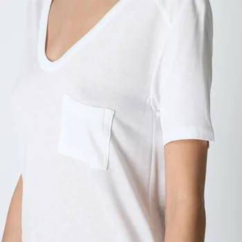 Blanco Negro Gris Tees de las Mujeres de Manga Corta U Profundo Cuello Clásico de Un Bolsillo Simple Suelto 2020 Verano Nuevas Mujeres T-shirts