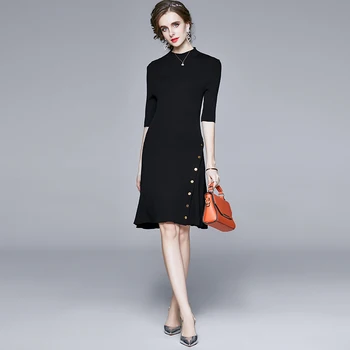 El Otoño De La Mujer Slim Patrón Acanalado De Punto Vestido De Zomerjurk Dames 2021 Recortada De Lana Talle Alto Suéter Negro Vestido De K9982