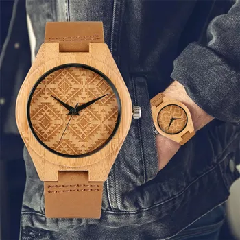 Vintage Rombo Visualización Del Patrón De Cuarzo De Bambú, Reloj De Las Mujeres De Los Hombres De Cuero Genuino Reloj De Pulsera Natural Elegante Reloj De Madera