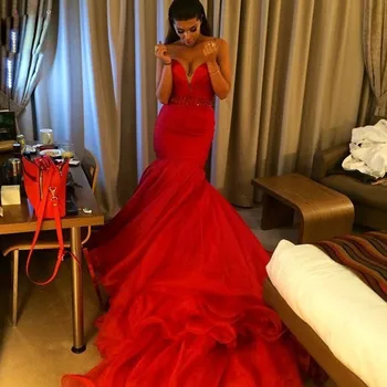 Increíble, Magnífico 2018 Formal Vestido de Novia de Sirena Fuera del hombro Rojo Tribunal Tren Vestidos de Noche de Baile Vestido de Concurso,