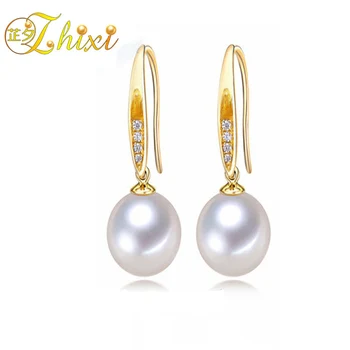 [ZHIXI ] Pendientes de Perlas Para las Mujeres de Joyería Fina Natural de la Perla Pendientes de la Gota de 8-9mm de Moda de Regalo de Cumpleaños Para Mujer Chica C002