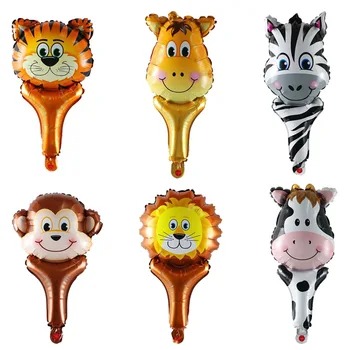 50pcs/lote de animales de la mano de lámina de Globos de tigre león mono jirafa cabeza ballon fiesta de cumpleaños decoración de la cebra de las Vacas de los niños de palo de juguetes