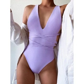 Mossha Sólido púrpura de una sola pieza traje de baño de las mujeres Backless sexy traje de baño monokini Encajes vendaje mono de corte Alto traje de baño 2020