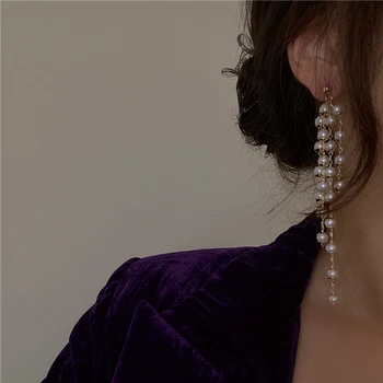 Coreano retro geométrica de perlas largo de la borla de la exageración de la gota pendiente para la mujer, las niñas estética del partido de la joyería de año Nuevo regalos