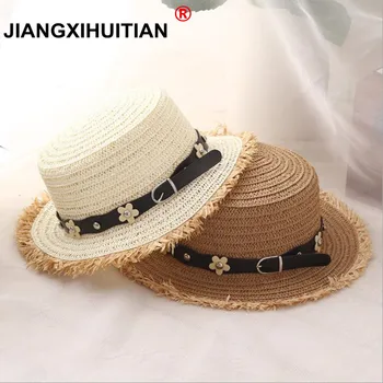 2018 Caliente Niño encantador Sombreros para el sol de Verano Perlas Cinturón de Niño sombrero de Sol de Niña Disquete de Ala Ancha Playa de Cap de la Flor de Sombreros de Paja envío gratis