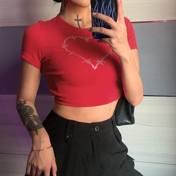 HEYounGIRL Corazón de Cristal Sudor Lindo Y2K Recortar la parte Superior de la Camiseta de la Moda de Verano de Algodón de las Señoras camiseta Roja Camiseta Básica Camiseta de los 90 Streetwear