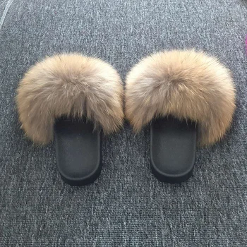 Gran fur real zapatillas esponjoso natural de piel de mapache sandalias de deslizamiento grandes de piel de zorro zapatilla