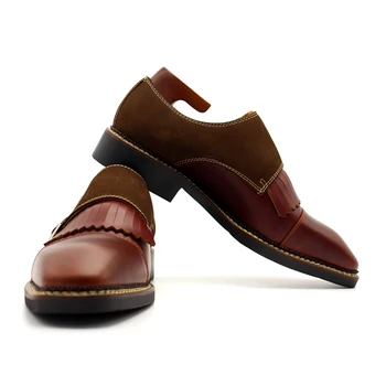 Mejor calidad hechos a mano de pies cuadrados de cuero genuino monje zapatos de los hombres de lujo de la borla de dos hebilla de los zapatos de cuero de los hombres del envío gratis
