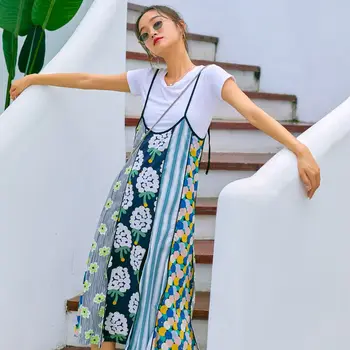 CHEERART 2020 Diseñador de Verano Correa de Espagueti Vestido de las Mujeres de las Vacaciones de la Impresión Floral de Una Línea de Midi Casual Vestido de Fiesta Ropa