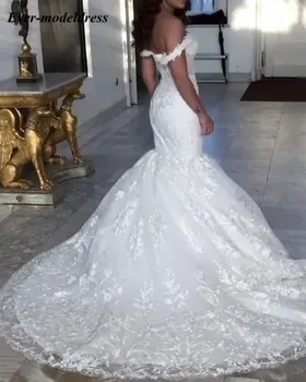 Sexy de Encaje de Sirena Vestido de Novia Fuera del Hombro de Encaje Hasta la Espalda de Tren Vestidos de Novia Vestidos de Novia vestido de noiva 2020 Personalizado