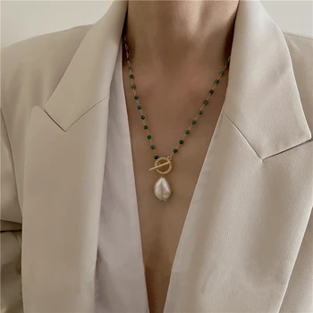 Peri'sBox Minimalista Natural Barroco Colgante de Perlas Collares Elegantes de color Verde Claro de la Piedra Natural de Cuentas de la Cadena de Collares Para las Mujeres