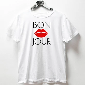 Camisetas de las Mujeres 2018 Tops Camiseta de Algodón de la Camiseta de la Bonjour Signo Hola Paris Camisetas de Más el Tamaño de Verano Graphic Tees de Mujeres Xs-3xl Blanco