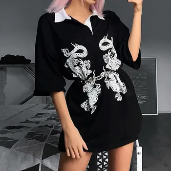 Mujer Camisetas de Verano Vintage Tops Chino Dargon Gótico de Manga Corta Floja Larga T-shirt Kpop Streetwearтоп Женский