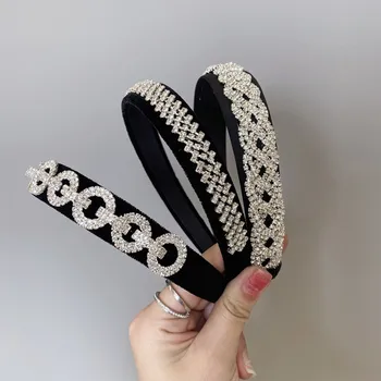 Rhinestone de la aleación de la cadena de diademas de moda accesorios para el cabello de las mujeres de negro de ala ancha diadema de lujo de la banda para el cabello sombreros de invierno nuevo