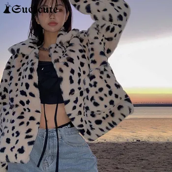 SUCHCUTE Streetwear Gótico de la Impresión del Leopardo del Y2K Recortada Chaqueta Para las Mujeres Modis Longslive Casual 2020 Invierno Harajuku Capa Femenina